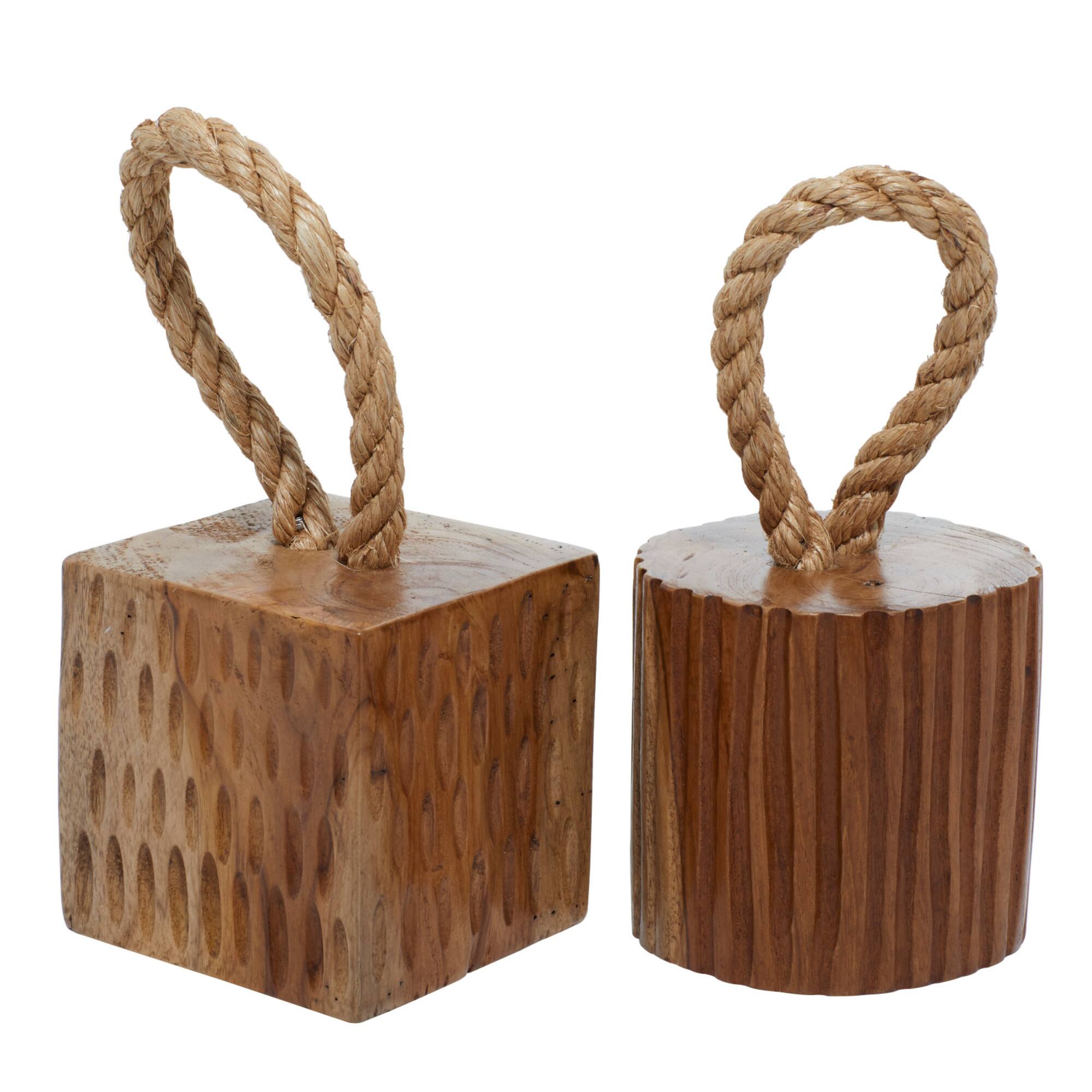 Set of 2 Brown Teak Wood Coastal Sculpture 5", 10"
